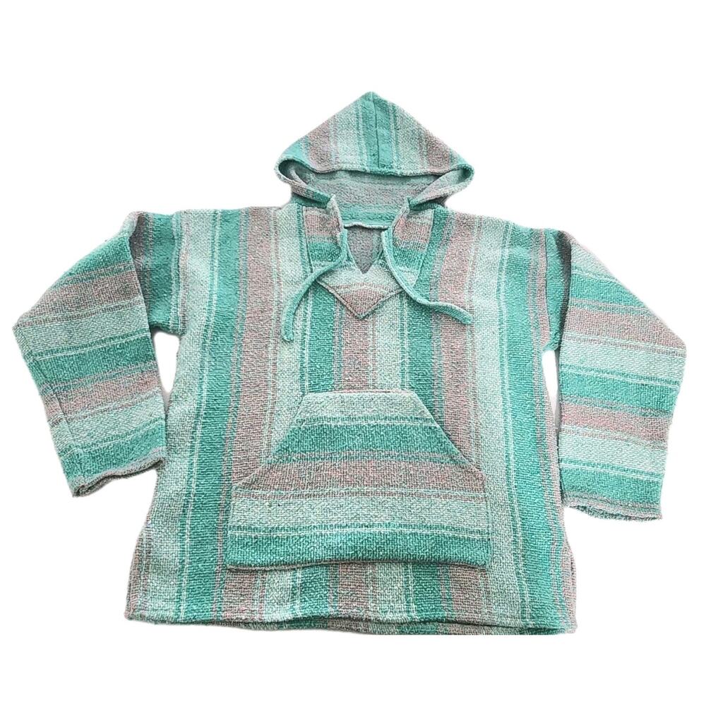 Pastel Pink Aqua White Striped Mexican Baja Blanket Pull Over Drug Rug Hoodie M